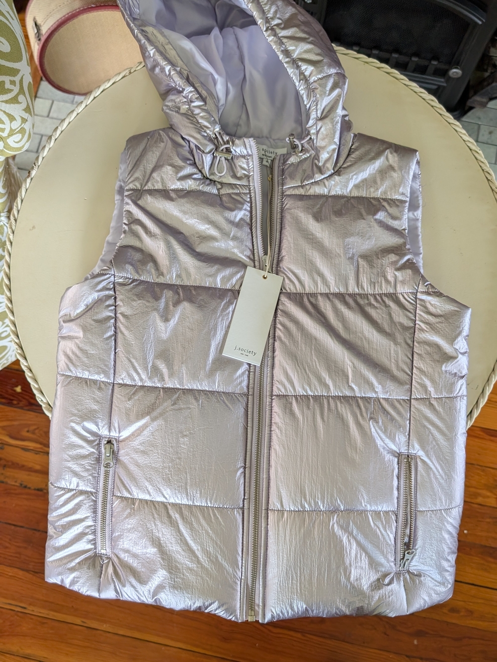 Society Metallic Silver Hooded Puffer Vest